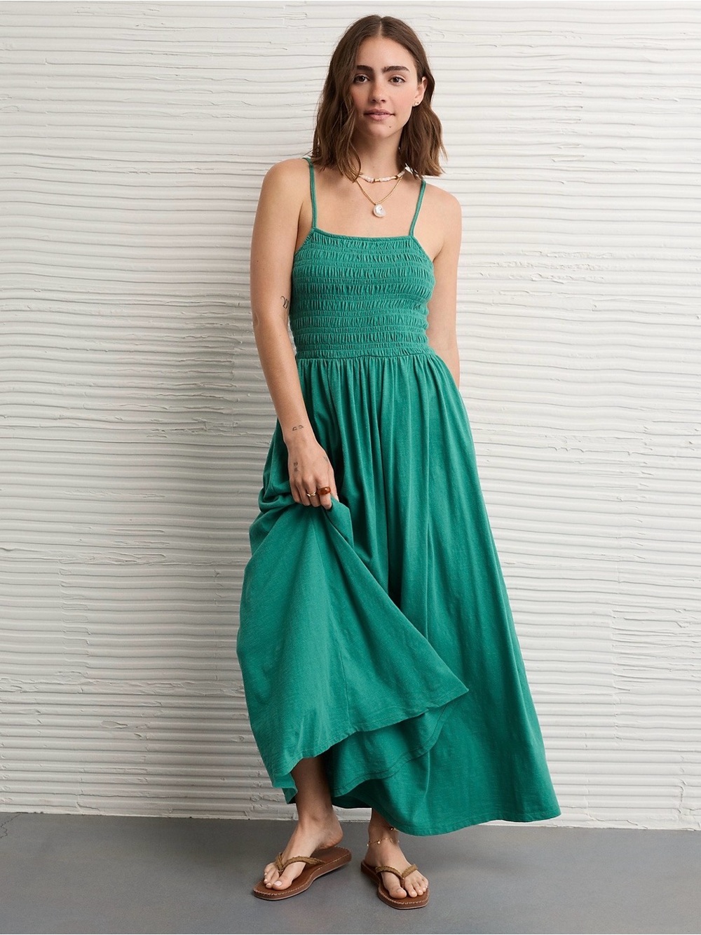 American Eagle Teal Smocked Midi Dress Tie Back | Size Medium